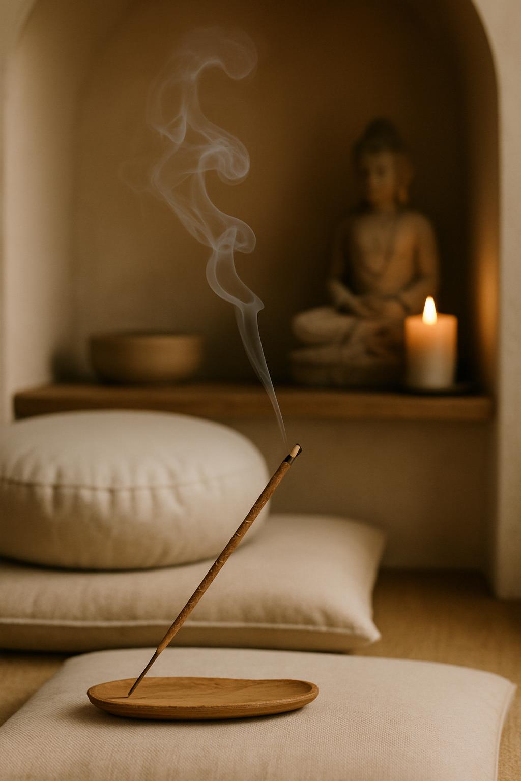 Belle image intérieure aux couleurs chaudes pour méditer où l'encens flotte avec le souffle identique à celle d'un dieu su...