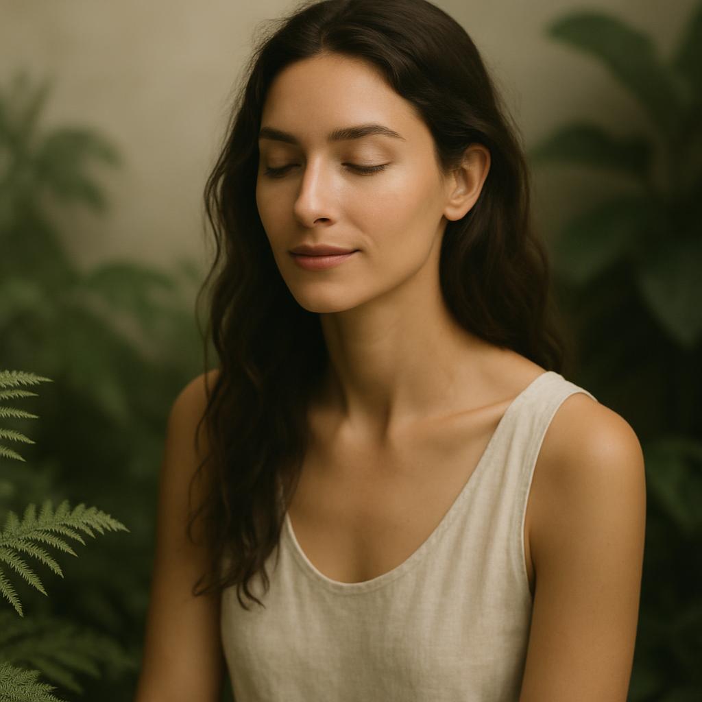 A studio portrait photograph of a serene and contemplative young woman in a cream-colored tank top Note: The alt text prov...